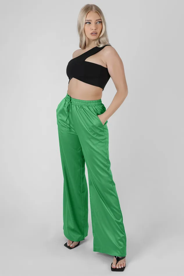 Women Satin Wide Leg Trousers Green Kaiia Green Public Desire Jogger and Leggings