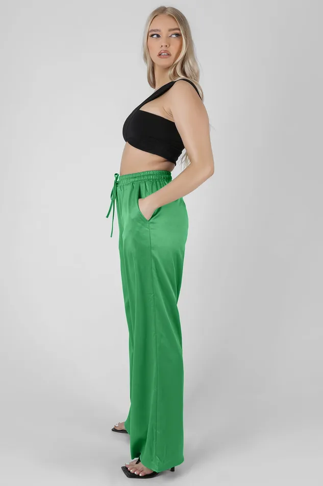 Women Satin Wide Leg Trousers Green Kaiia Green Public Desire Jogger and Leggings