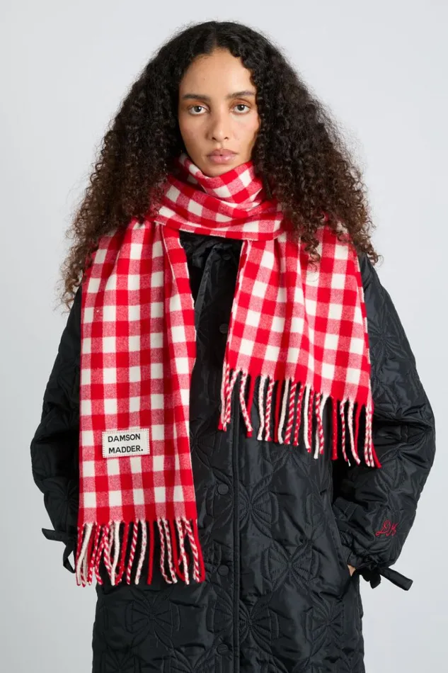 Women Scarves Damson Madder Gingham Scarf In Responsible Wool 8211 Red