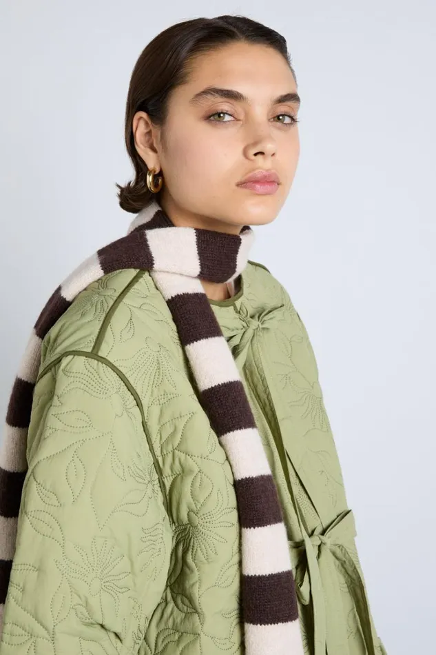 Women Scarves Damson Madder Skinny Stripe Scarf In Choc and Ecru