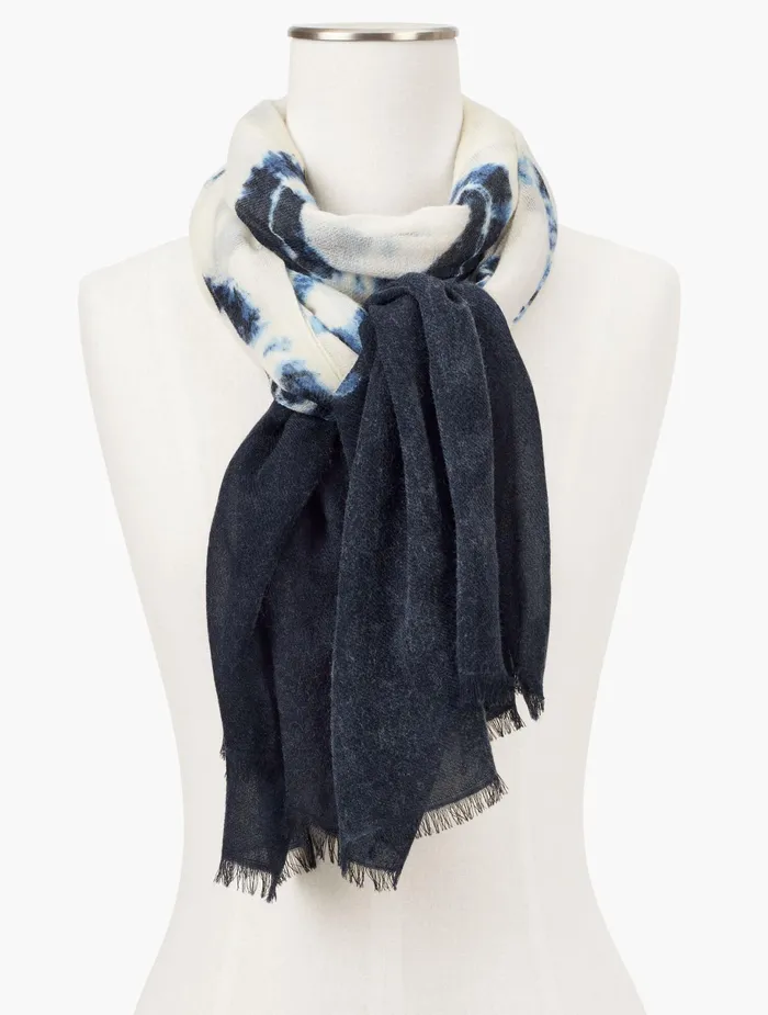 Women Scarves Talbots Pure Wool Shibori Dyed Oblong Scarf Indigo Blue Multi