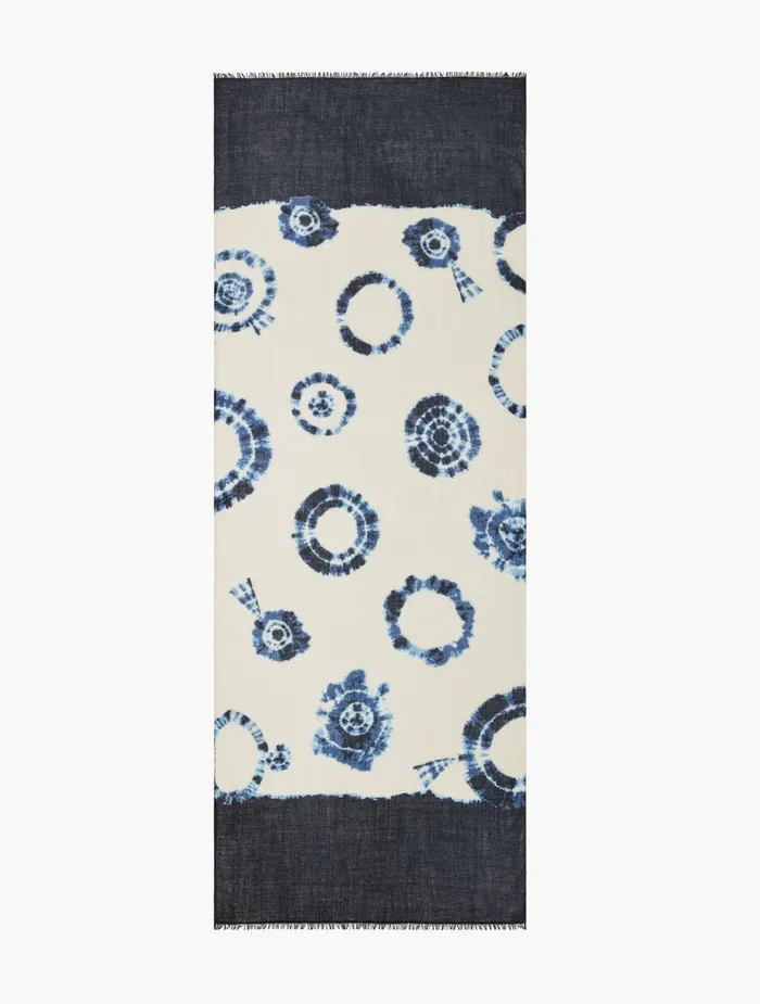 Women Scarves Talbots Pure Wool Shibori Dyed Oblong Scarf Indigo Blue Multi
