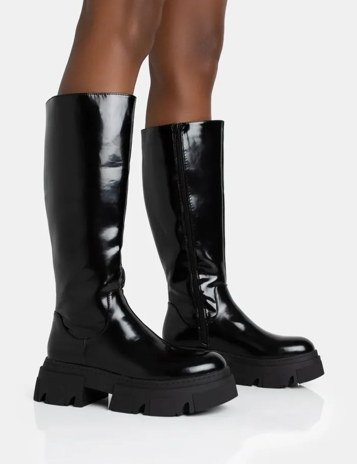 Women Scorpio Black Rubberised Pu Rounded Toe Chunky Sole Knee High Boots Black Public Desire Long Boots Women Scorpio Black Rubberised Pu Rounded Toe Chunky Sole Knee High Boots Black Public Desire Long Boots