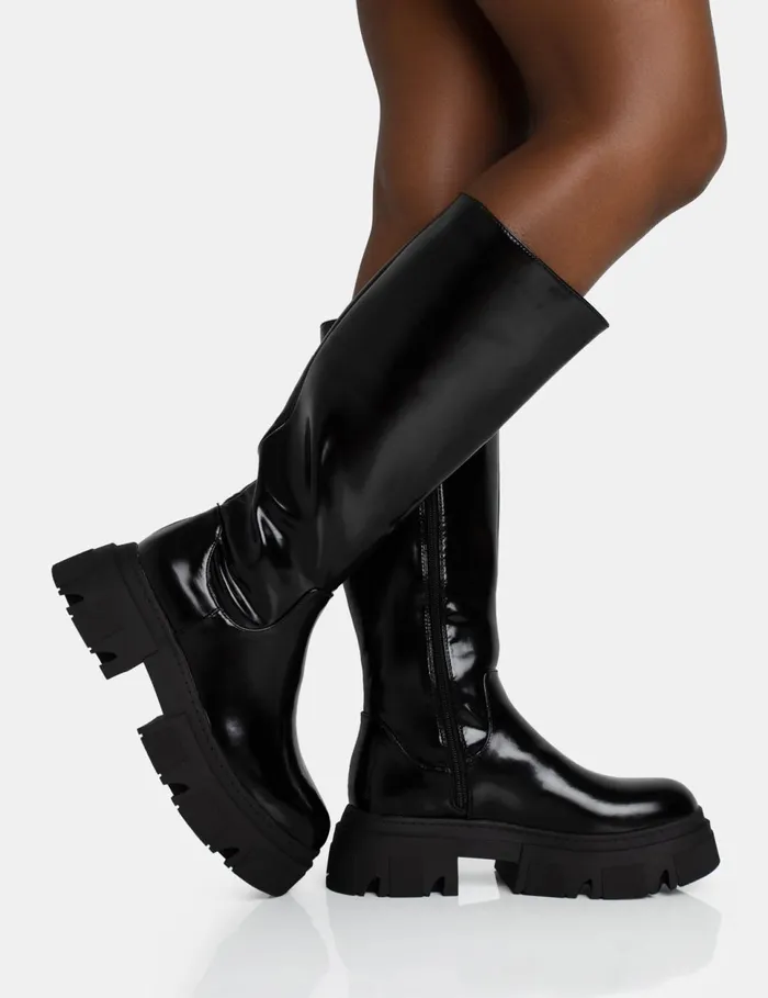 Women Scorpio Black Rubberised Pu Rounded Toe Chunky Sole Knee High Boots Black Public Desire Long Boots
