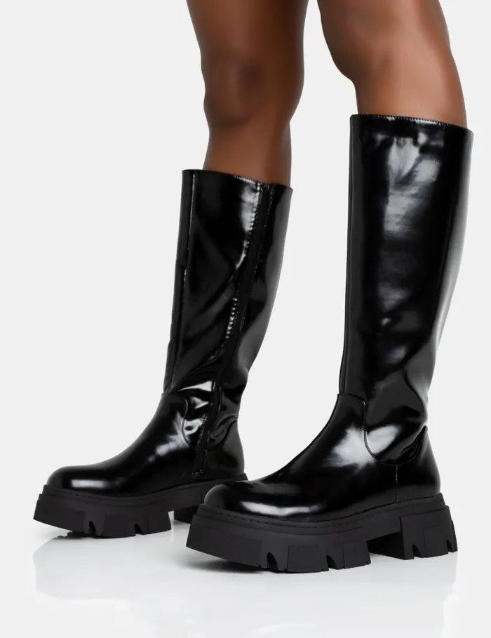 Women Scorpio Black Rubberised Pu Rounded Toe Chunky Sole Knee High Boots Black Public Desire Long Boots