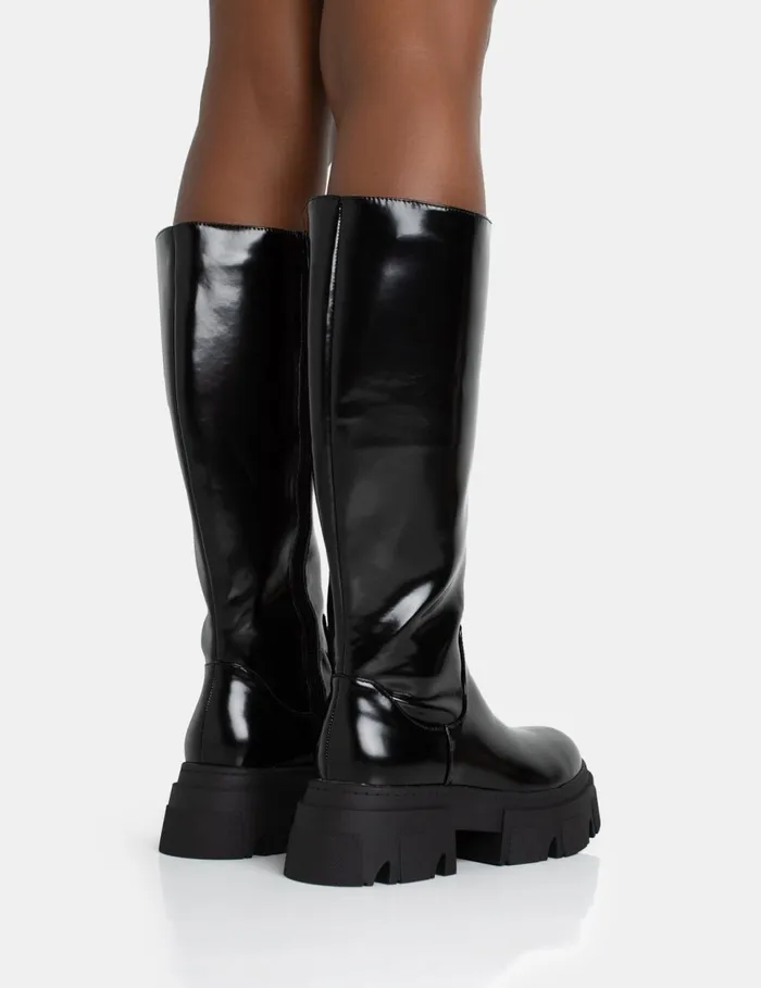 Women Scorpio Black Rubberised Pu Rounded Toe Chunky Sole Knee High Boots Black Public Desire Long Boots