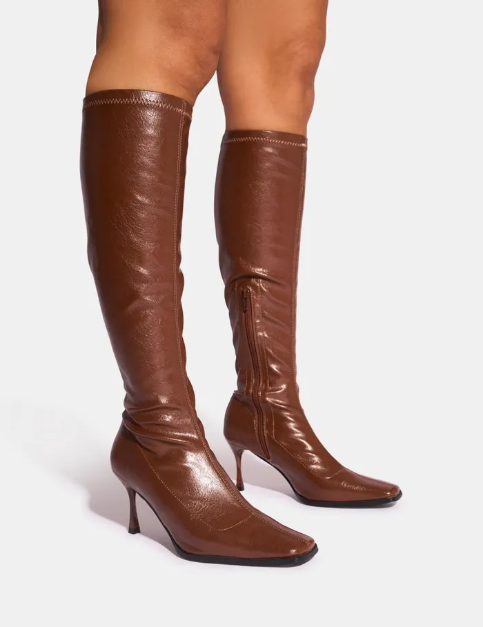 Women Scorpion Chocolate Mid Heel Sock Knee High Boots Chocolate Public Desire Long Boots Women Scorpion Chocolate Mid Heel Sock Knee High Boots Chocolate Public Desire Long Boots