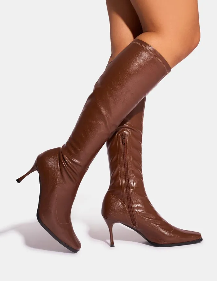 Women Scorpion Chocolate Mid Heel Sock Knee High Boots Chocolate Public Desire Long Boots