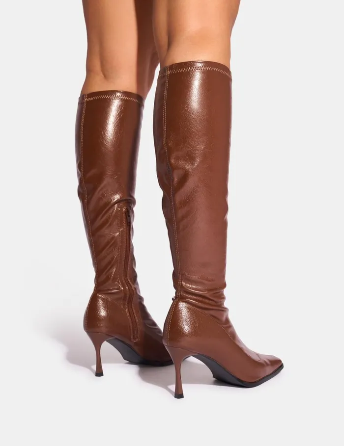 Women Scorpion Chocolate Mid Heel Sock Knee High Boots Chocolate Public Desire Long Boots
