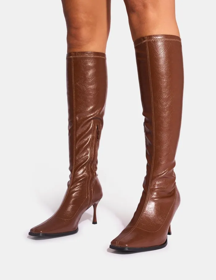 Women Scorpion Chocolate Mid Heel Sock Knee High Boots Chocolate Public Desire Long Boots
