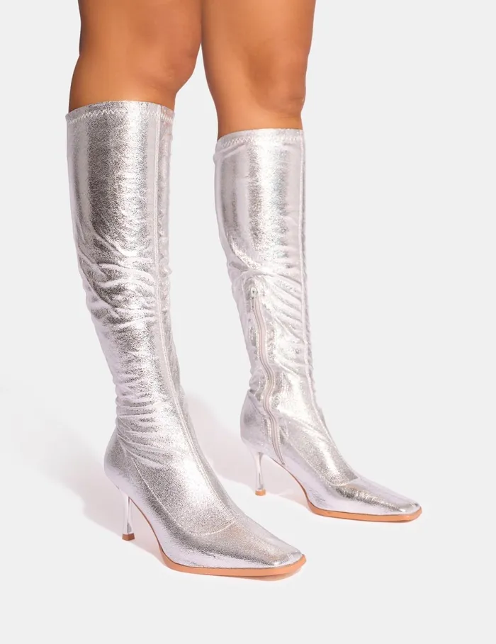 Women Scorpion Cracked Silver Mid Heel Sock Knee High Boots Silver Public Desire Knee High Boots Women Scorpion Cracked Silver Mid Heel Sock Knee High Boots Silver Public Desire Knee High Boots