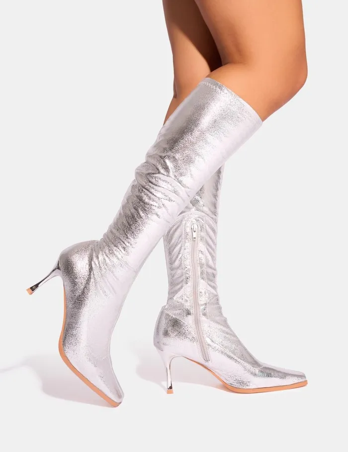 Women Scorpion Cracked Silver Mid Heel Sock Knee High Boots Silver Public Desire Knee High Boots