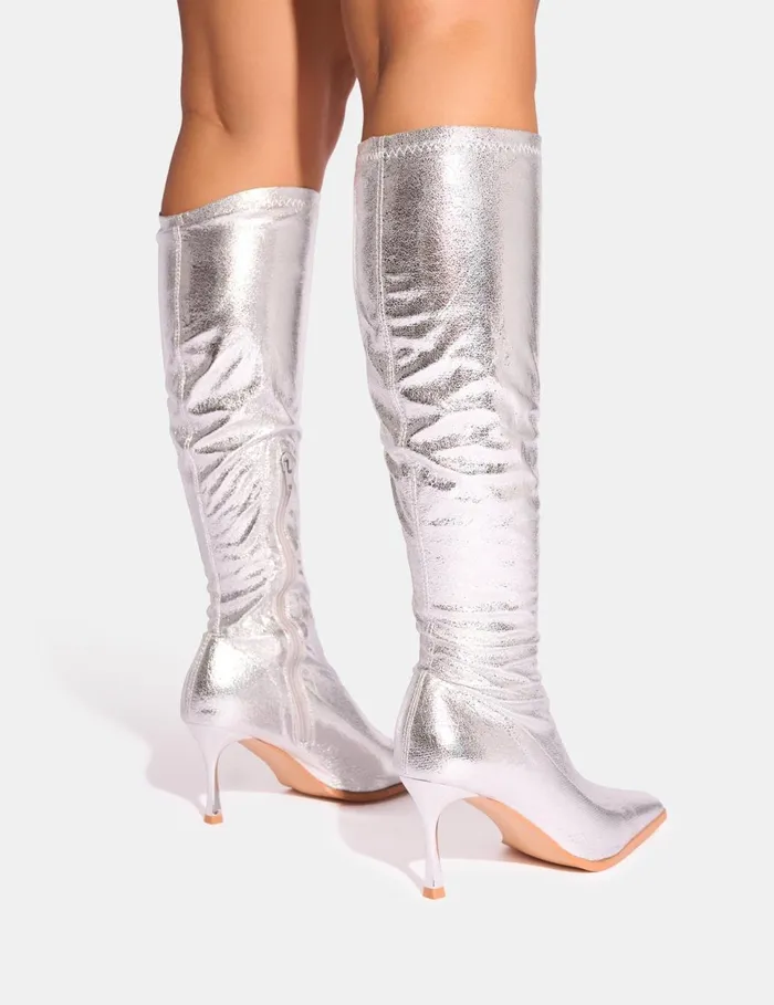 Women Scorpion Cracked Silver Mid Heel Sock Knee High Boots Silver Public Desire Knee High Boots