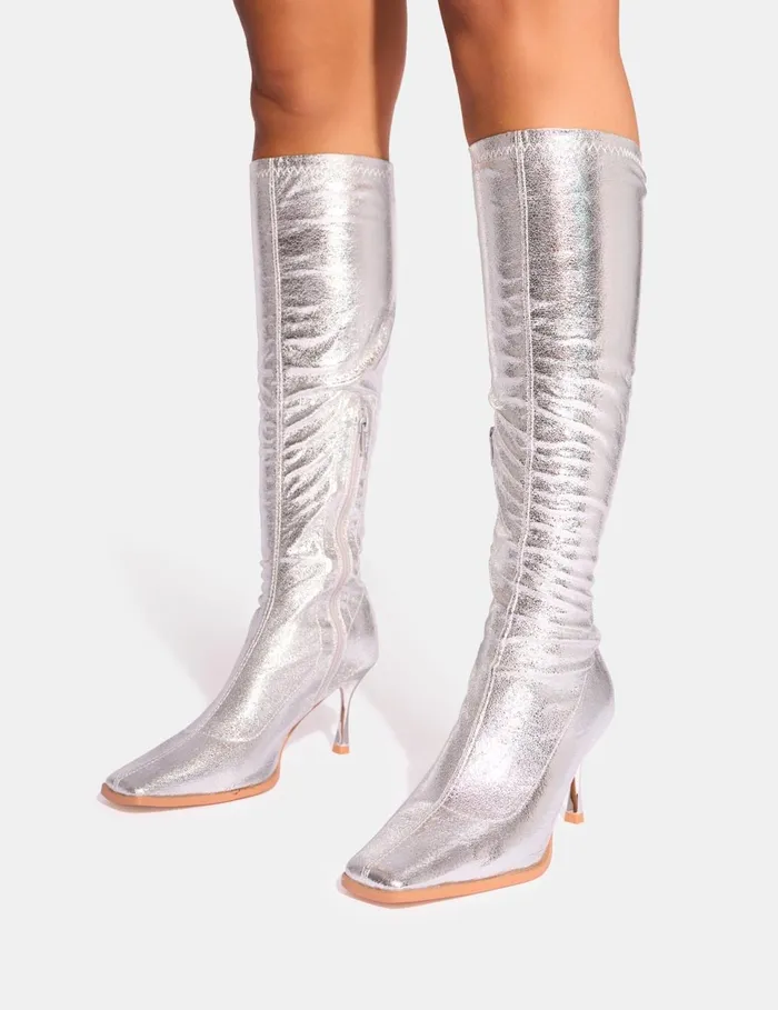 Women Scorpion Cracked Silver Mid Heel Sock Knee High Boots Silver Public Desire Knee High Boots