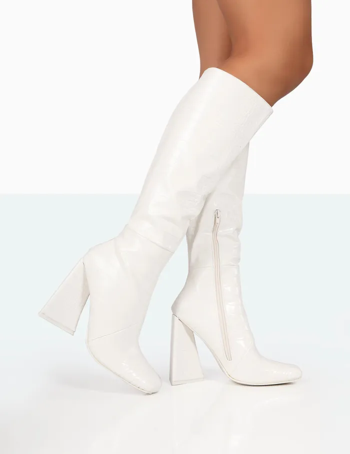 Women Senna White Croc Pu Knee High Block Heel Boots White Public Desire Long Boots Women Senna White Croc Pu Knee High Block Heel Boots White Public Desire Long Boots