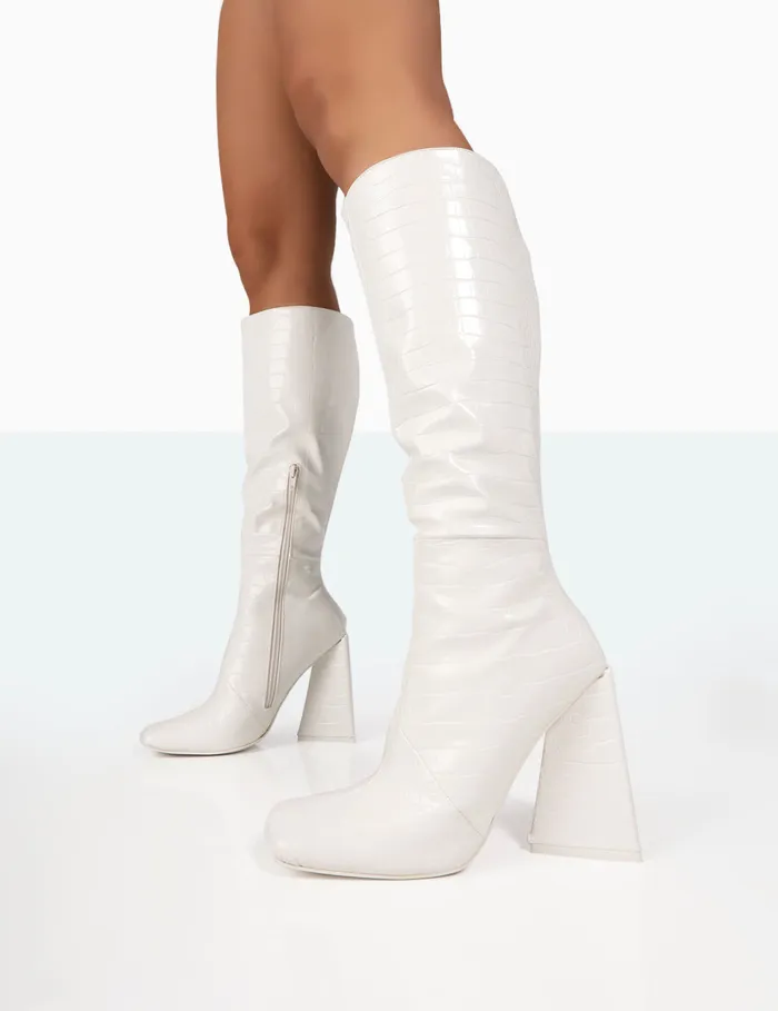 Women Senna White Croc Pu Knee High Block Heel Boots White Public Desire Long Boots