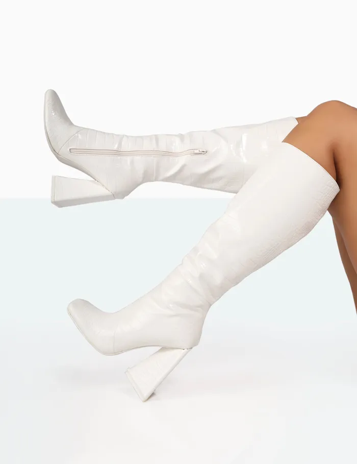 Women Senna White Croc Pu Knee High Block Heel Boots White Public Desire Long Boots