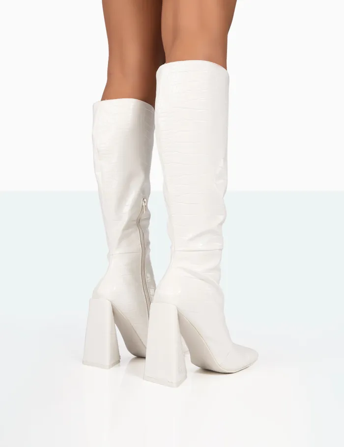 Women Senna White Croc Pu Knee High Block Heel Boots White Public Desire Long Boots