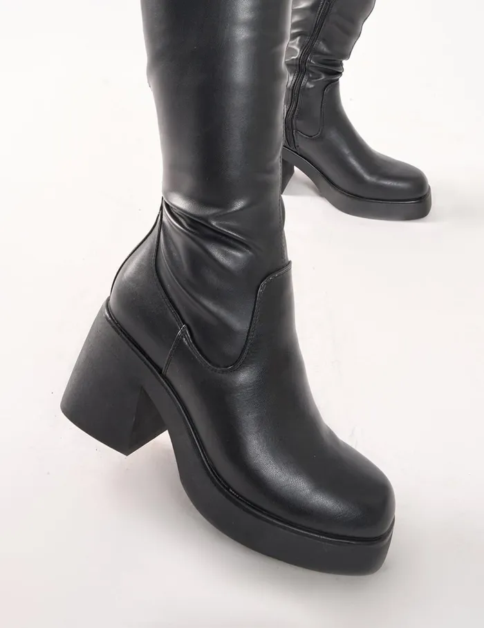 Women Sensored Black Chunky Sole Sock Over The Knee Boots Black Public Desire Over The Knee Boots