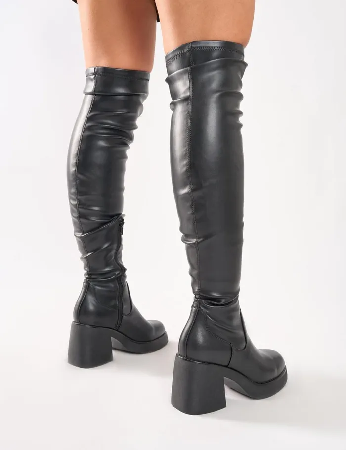 Women Sensored Black Chunky Sole Sock Over The Knee Boots Black Public Desire Over The Knee Boots