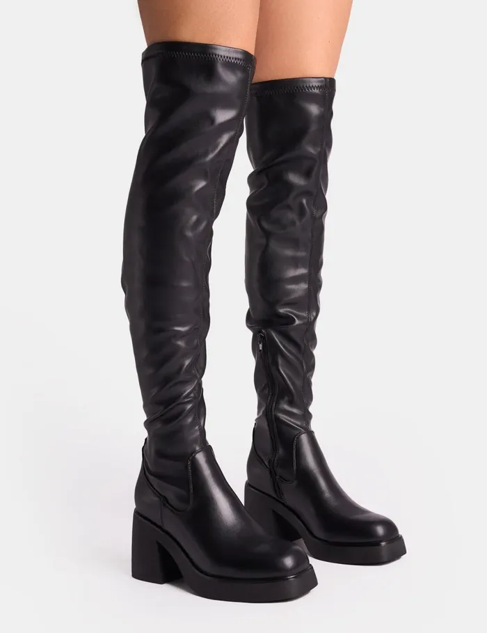 Women Sensored Black Chunky Sole Sock Over The Knee Boots Black Public Desire Over The Knee Boots