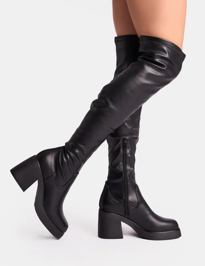 Women Sensored Black Chunky Sole Sock Over The Knee Boots Black Public Desire Over The Knee Boots