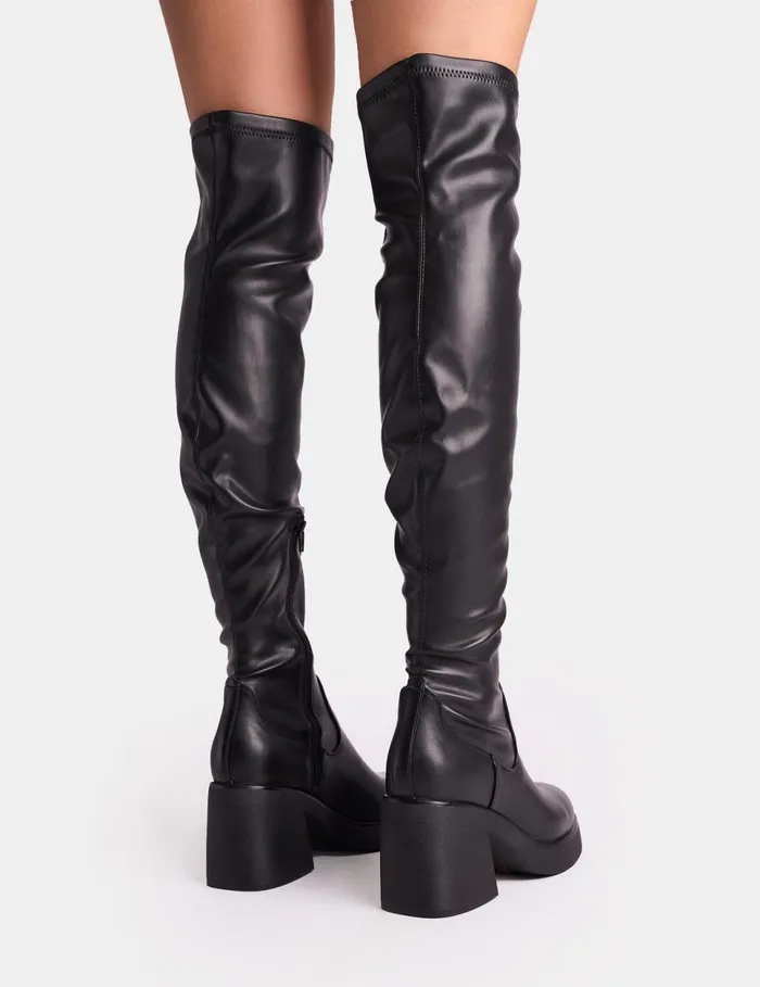 Women Sensored Black Chunky Sole Sock Over The Knee Boots Black Public Desire Over The Knee Boots
