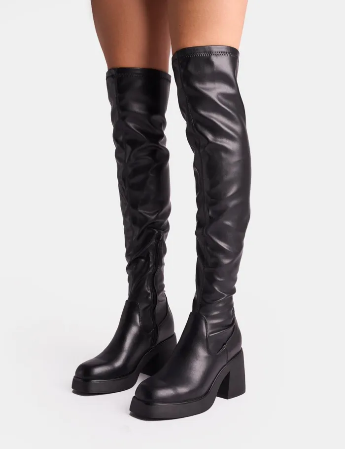 Women Sensored Black Chunky Sole Sock Over The Knee Boots Black Public Desire Over The Knee Boots