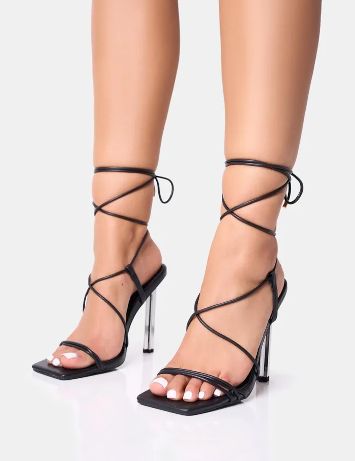 Women Seren Black Pu Strappy Square Toe Star Stiletto Heels Black Public Desire Lace Up Heels