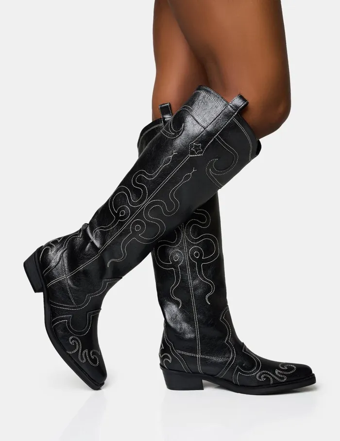 Women Serpentine Black Embroidered Flat Knee High Western Boots Black Public Desire Festival Women Serpentine Black Embroidered Flat Knee High Western Boots Black Public Desire Festival