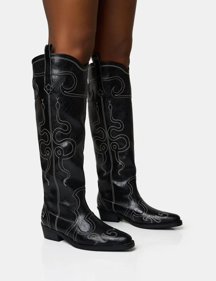 Women Serpentine Black Embroidered Flat Knee High Western Boots Black Public Desire Festival