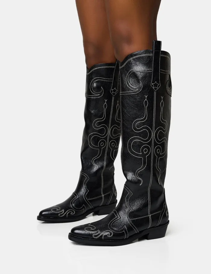 Women Serpentine Black Embroidered Flat Knee High Western Boots Black Public Desire Festival