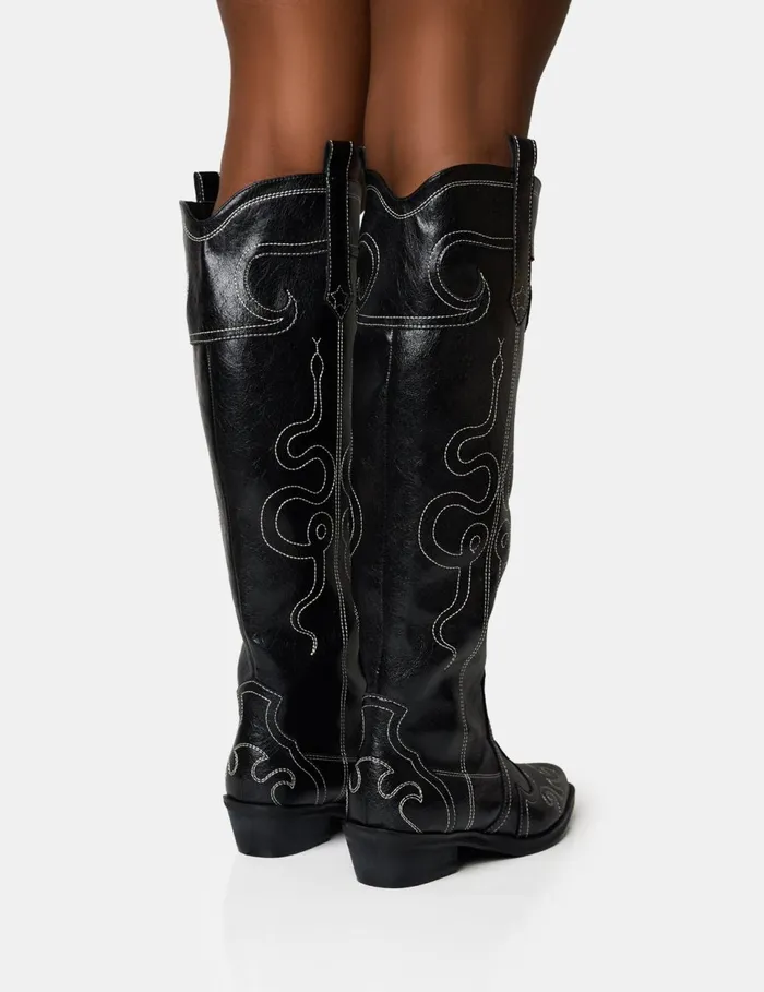 Women Serpentine Black Embroidered Flat Knee High Western Boots Black Public Desire Festival