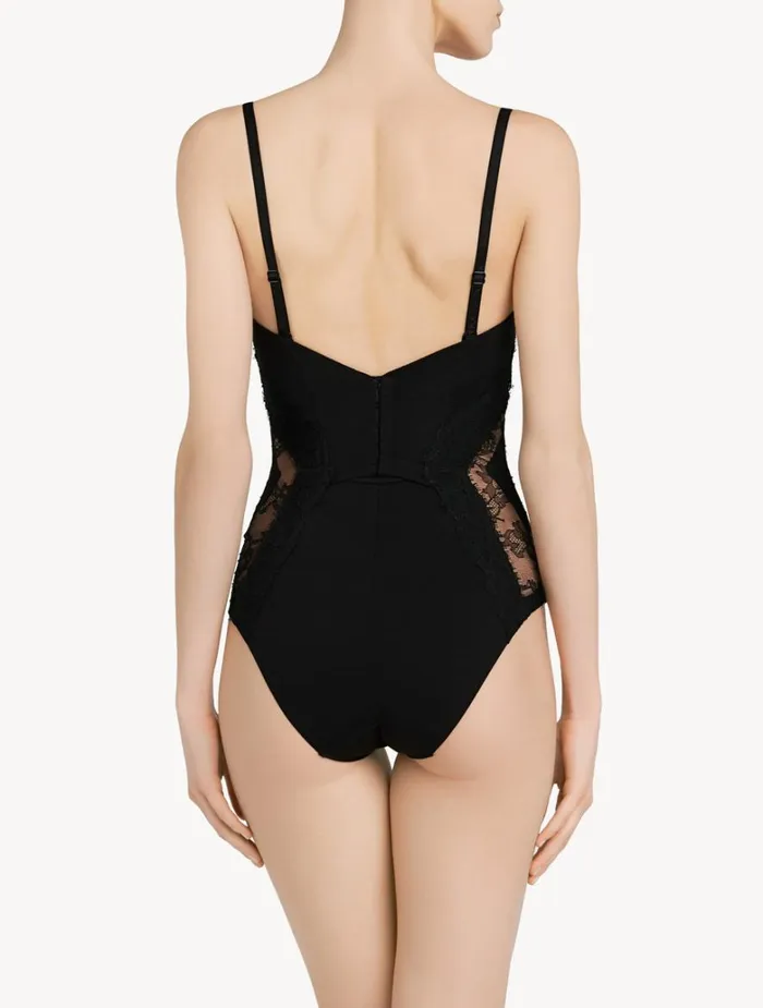 Women Shapewear La Perla Black Lycra Control Fit Body With Chantilly Lace