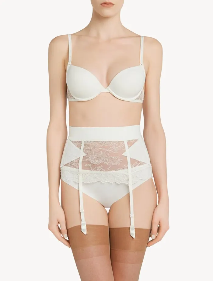 Women Shapewear La Perla White Lycra Control Fit Suspender With Chantilly Lace