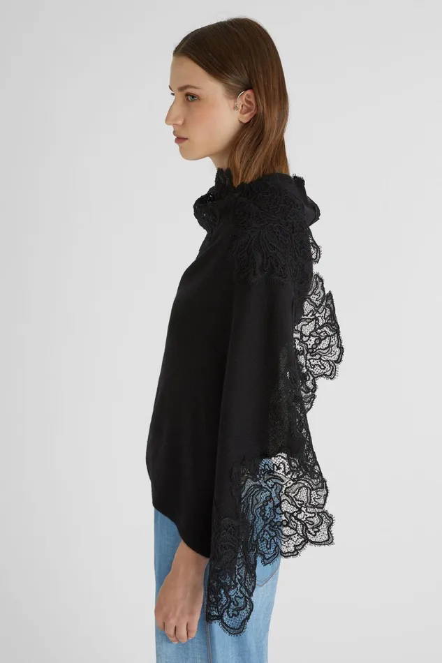 Women Shawl Scarves And Foulards Ermanno Scervino Cashmere Stole With Lace Total Black 8211 Ermanno Scervino Black
