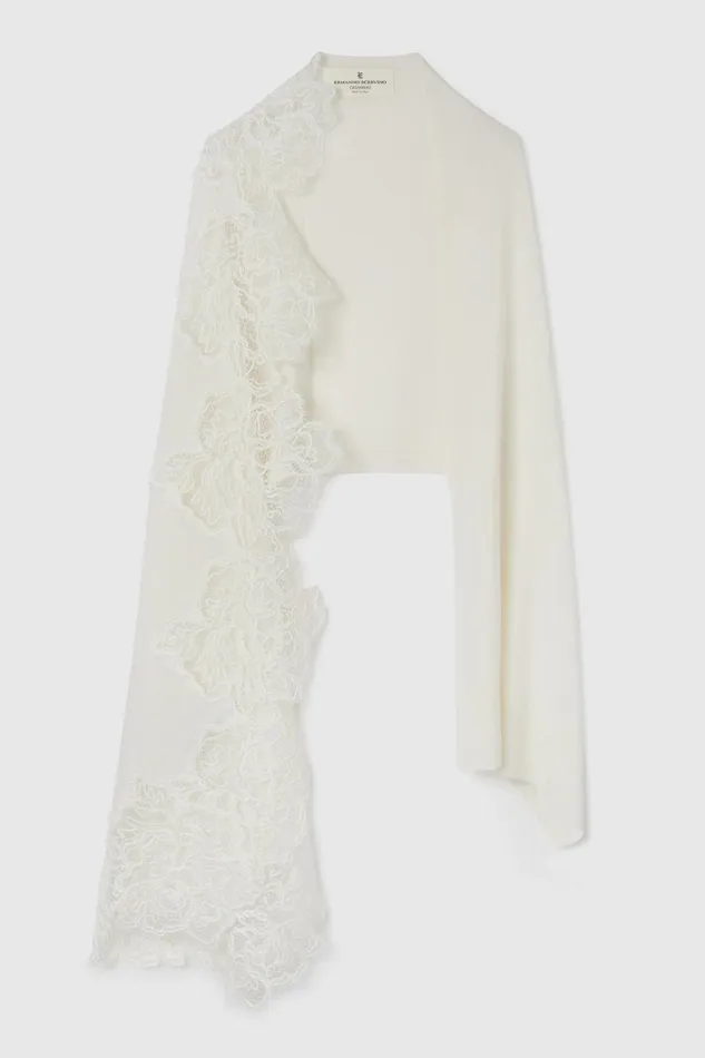 Women Shawl Scarves And Foulards Ermanno Scervino Pure Cashmere Stole With Lace White Women Shawl Scarves And Foulards Ermanno Scervino Pure Cashmere Stole With Lace White