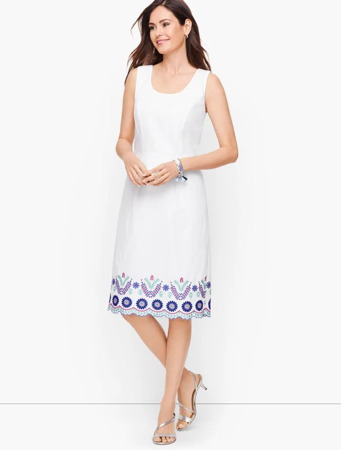 Women Sheath And Shift Talbots Floral Embroidery Linen Shift Dress White Multi