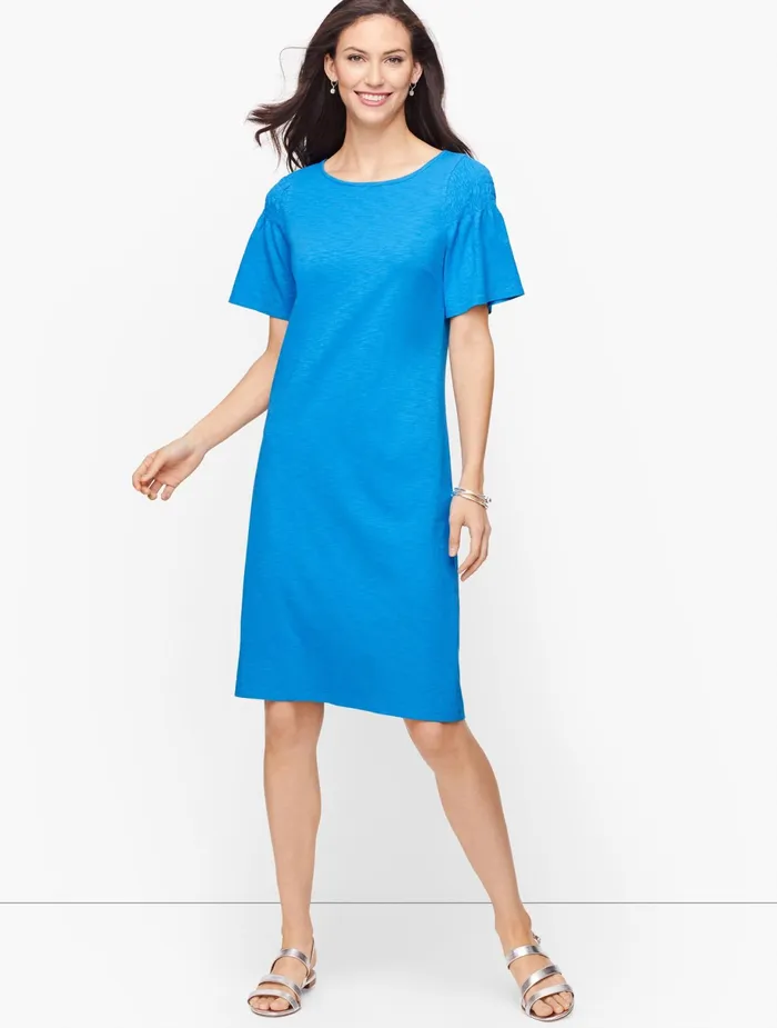 Women Sheath And Shift Talbots Smocked Sleeve Knit Shift Dress Indigo Blue