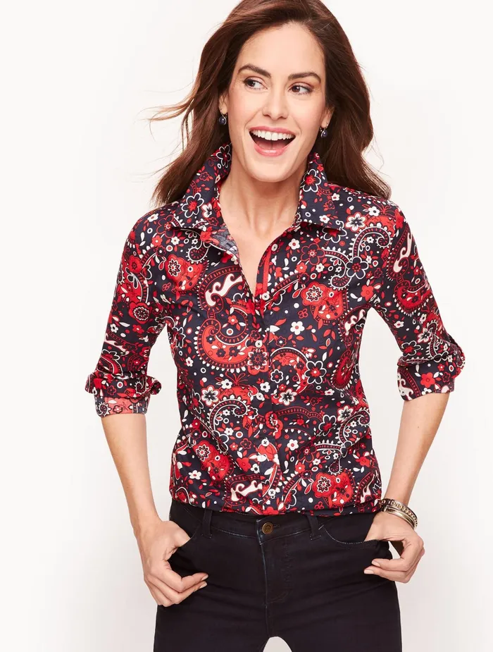 Women Shirts Talbots Classic Cotton Shirt India Ink Multi