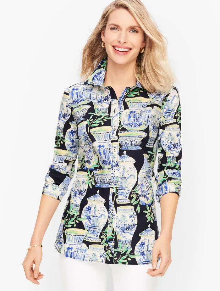 Women Shirts Talbots Classic Cotton Shirt Indigo Blue