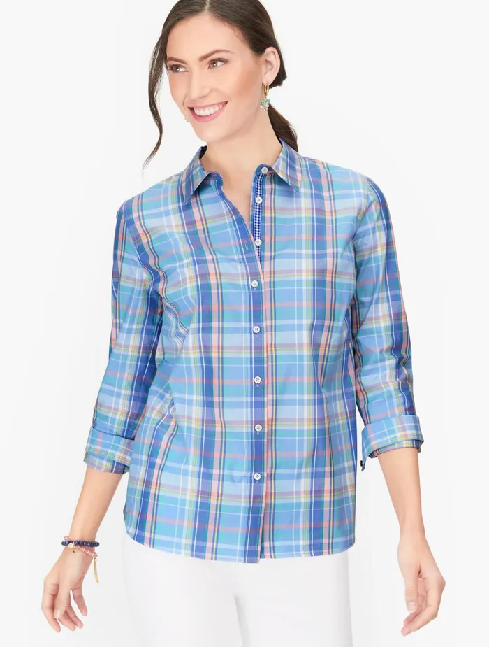 Women Shirts Talbots Classic Cotton Shirt Vista Blue Multi