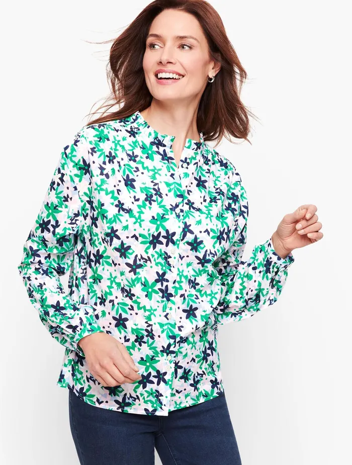 Women Shirts Talbots Feminine Button Front Shirt Blue Sky Multi