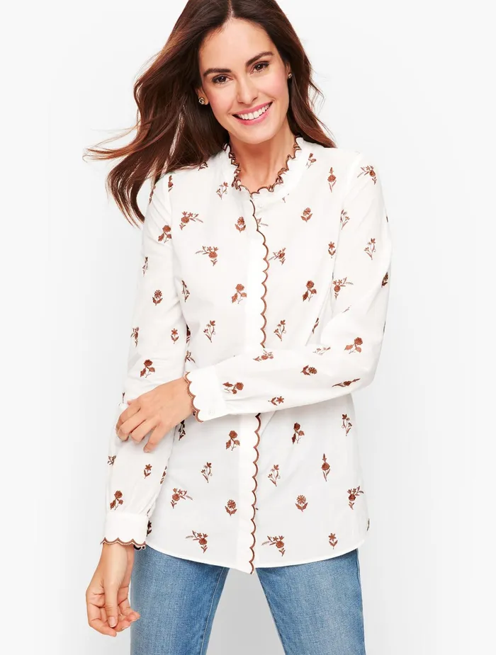 Women Shirts Talbots Scallop Trim Embroidered Shirt White Multi