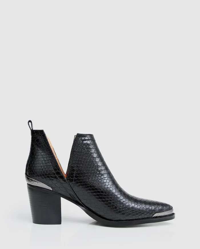 Women Shoes Belle and Bloom Austin Croc Embossed Ankle Boot 8211 Black