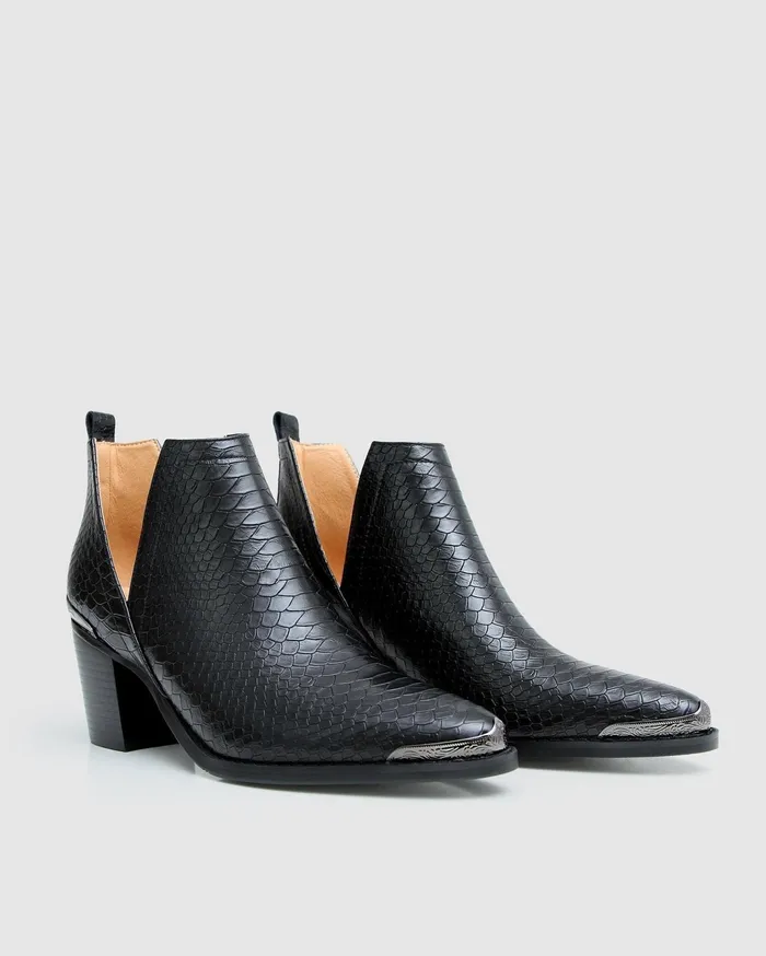Women Shoes Belle and Bloom Austin Croc Embossed Ankle Boot 8211 Black