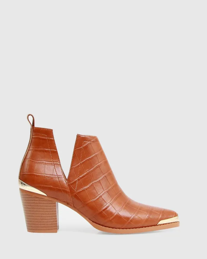 Women Shoes Belle and Bloom Austin Croc Embossed Ankle Boot 8211 Camel