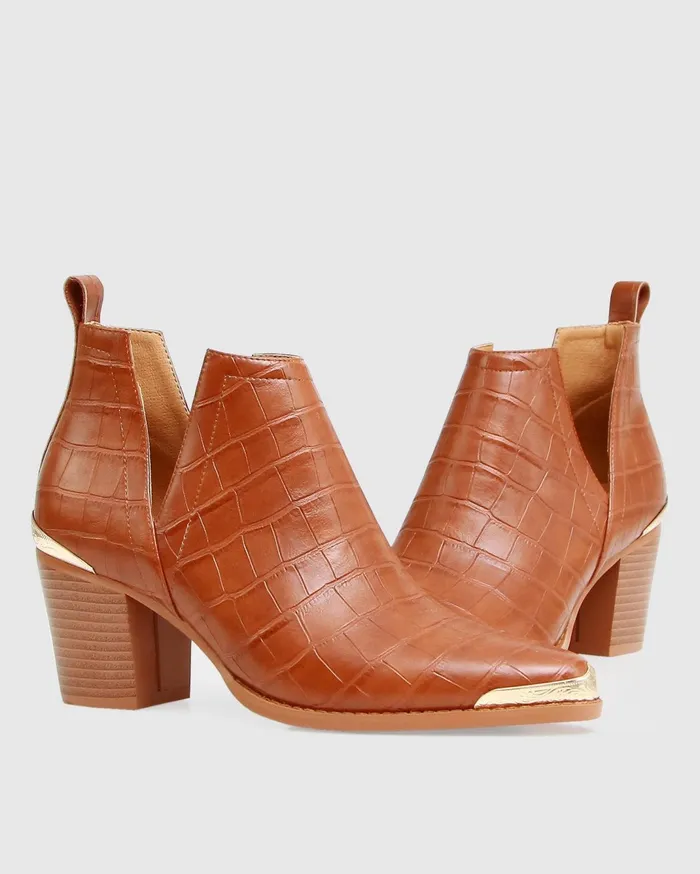 Women Shoes Belle and Bloom Austin Croc Embossed Ankle Boot 8211 Camel