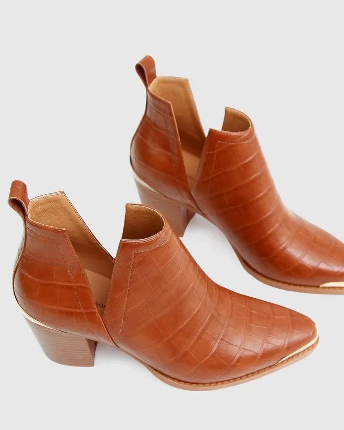 Women Shoes Belle and Bloom Austin Croc Embossed Ankle Boot 8211 Camel