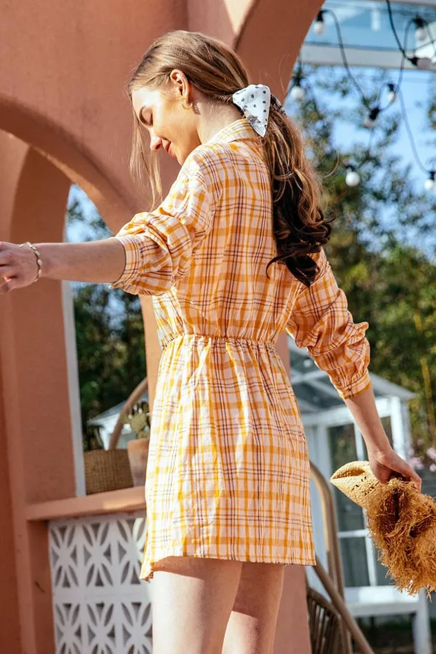 Women Short Dresses Cupshe Aisha Gingham Long Sleeve Shirt Collar Dress Multicolor
